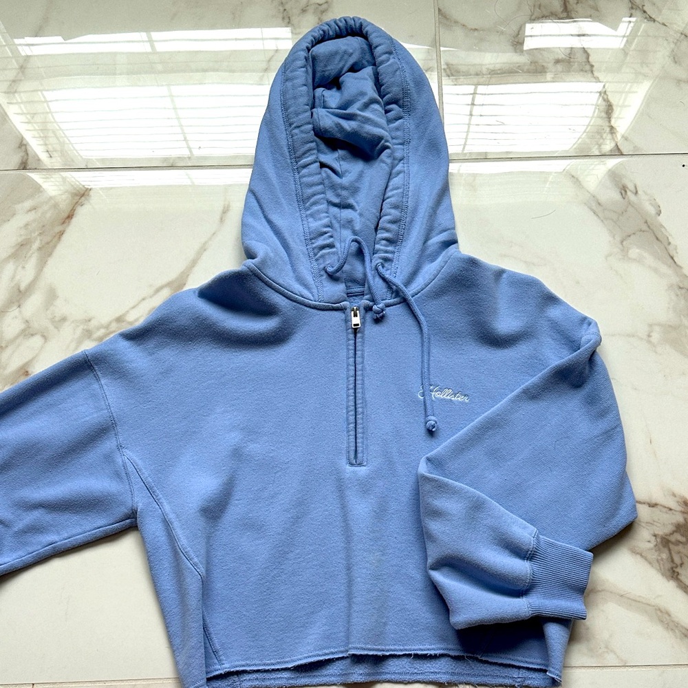 Hollister Light Blue Cropped Half Zip Hoodie